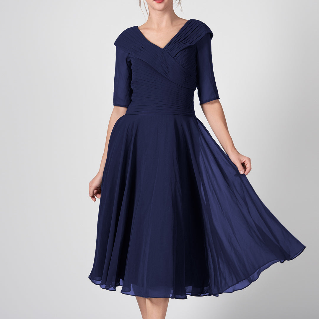 V-Neck Pleated A-Line Mother of the Bride Midi Dresses