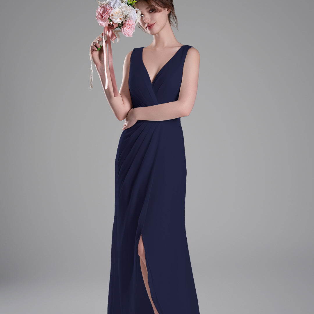 V-Neck Crossover Bodice Pleated Front Slit Dresses