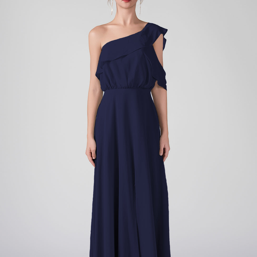 One Shoulder Ruffled Sleeves Front Split A-Line Maxi Dress