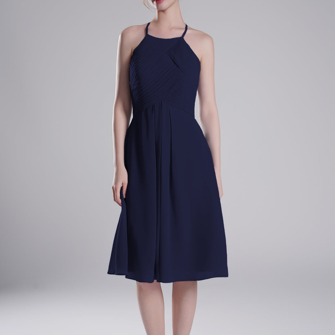 Halter Neckline Pleated Bodice Open Back Mini Dresses