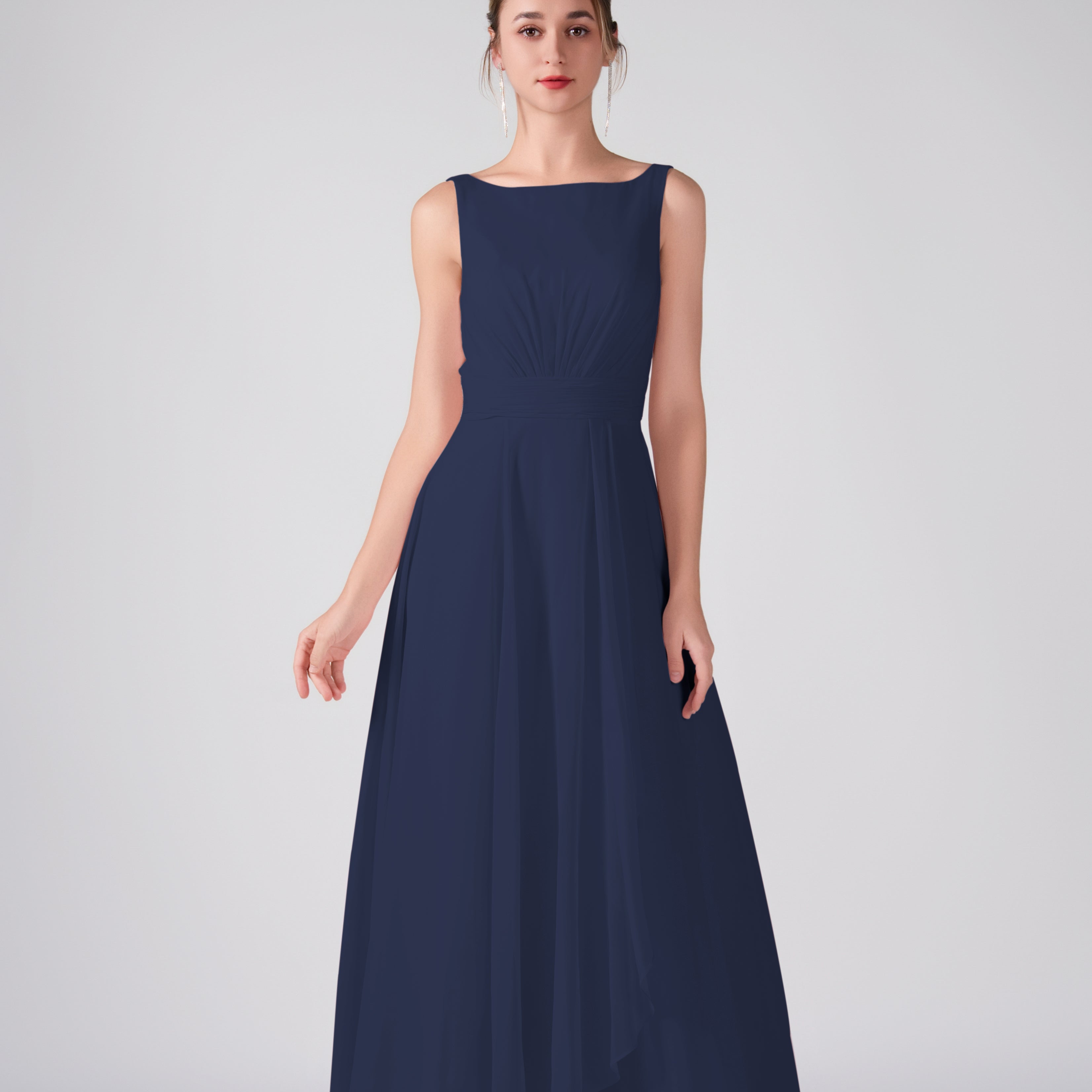 Bateau Neckline Sleeveless Ruched A-Line Maxi Dress