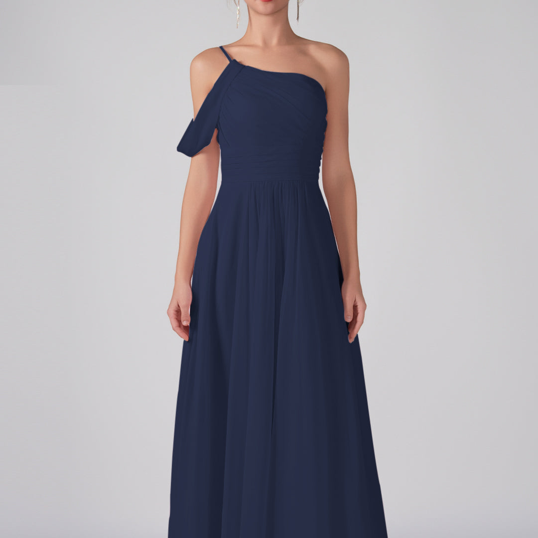 One Shoulder Off Shoulder Sleeve Ruched Bodice A-Line Maxi Dress