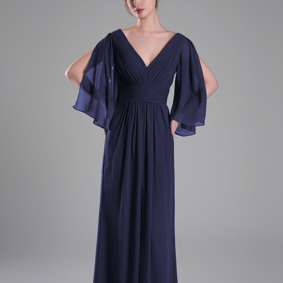 Flowing Chiffon Sleeves Ruched Waistline Slit Dresses