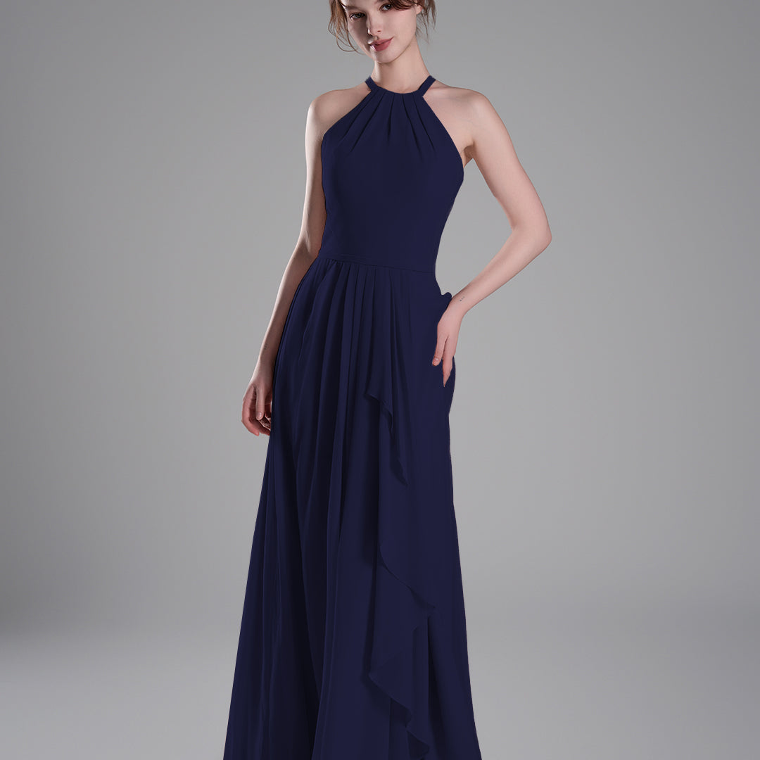 Halter Neckline Pleated Asymmetrical Ruffle Dresses