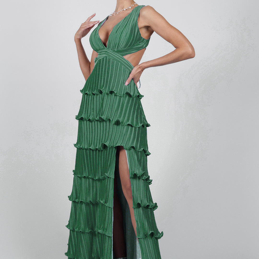 Wide Straps V-Neck Cutout Pleated Side Split Dresses
