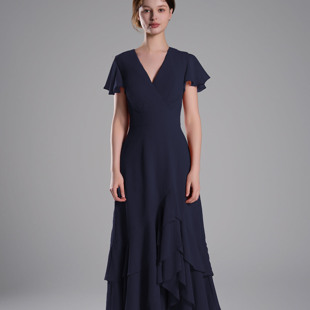 V-Neck Flutter Sleeves Asymmetrical Hemline Dresses