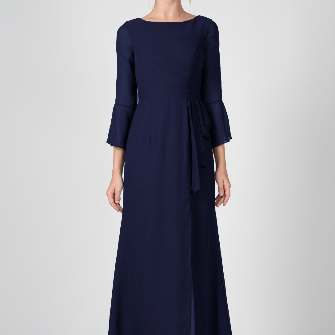 Bateau Neck Sheer Sleeve Split Maxi Dresses