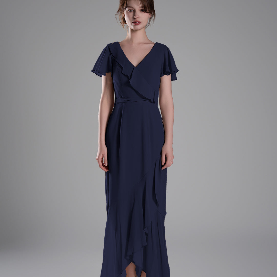 V-Neck Ruffled Detailing Pleated Patchwork Dresses