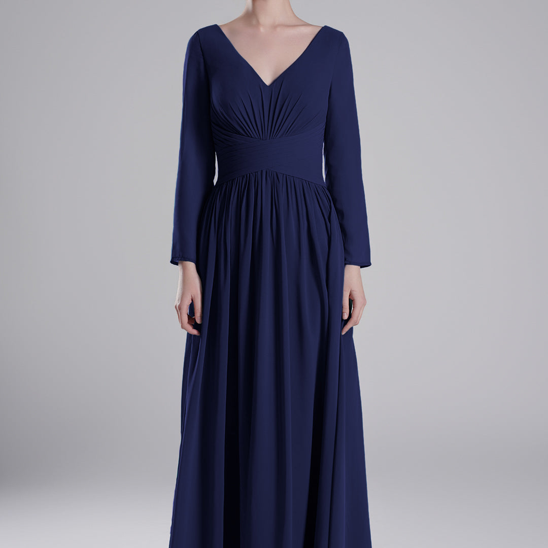 V-Neck Pleated Fitted Waist Flowing A-Line Dresses
