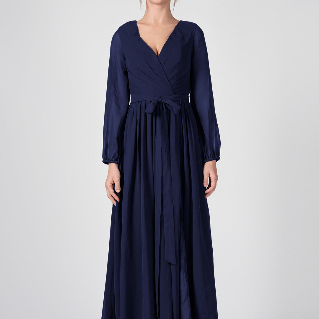 Ruched V-Neck Long Sleeve Split Maxi Dresses with Tie