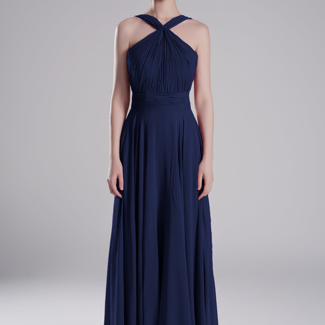 Halter Neck Cross Straps Pleated Waist A-Line Dresses
