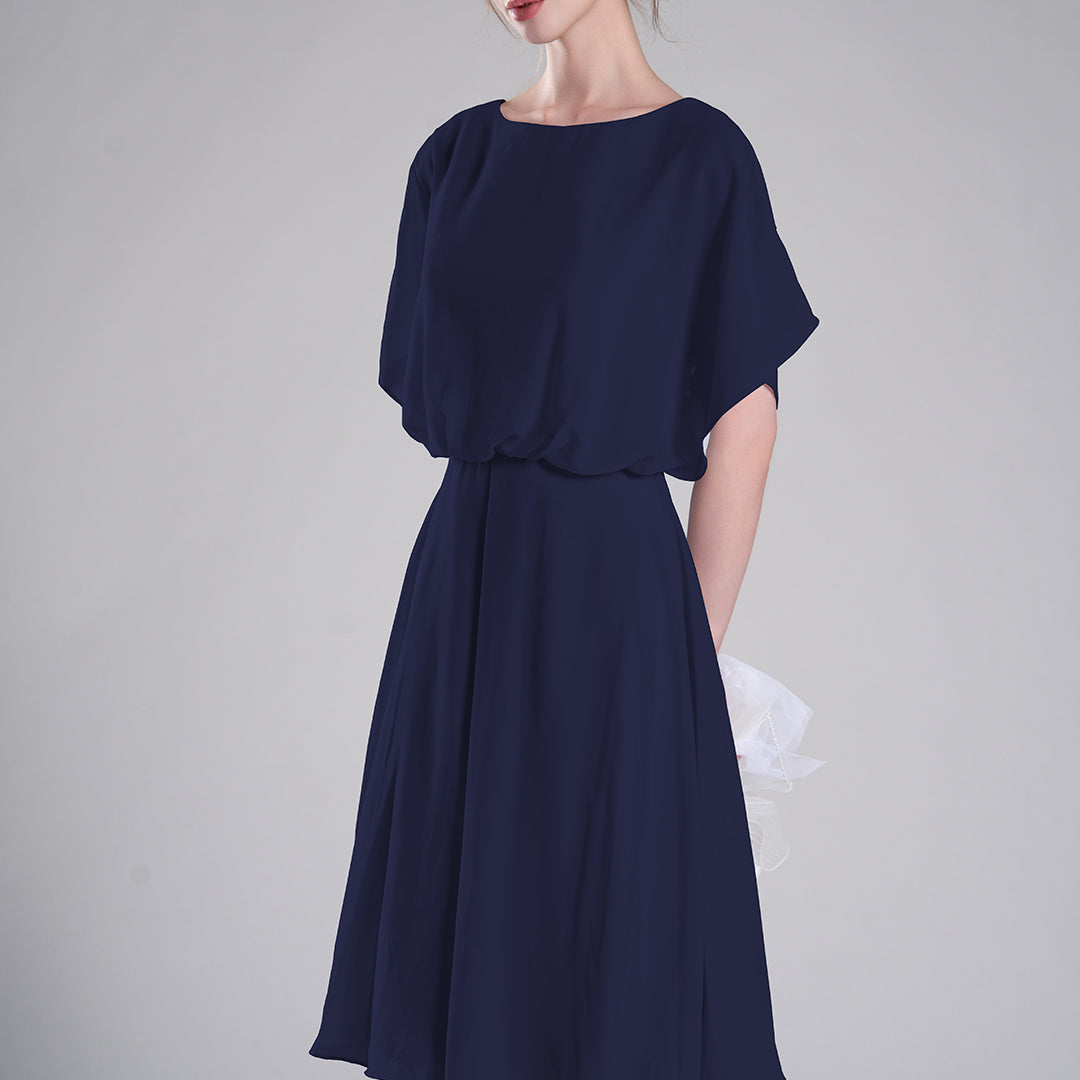 Round Neck Draped Sleeves Tie Detail Dresses