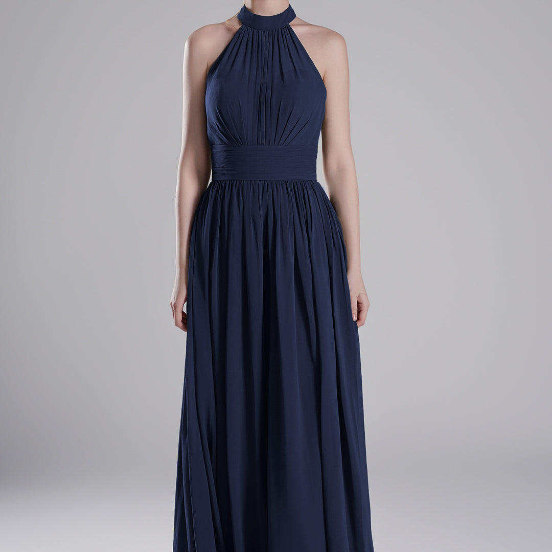 Halter Neckline Pleated Bodice Open Back A-Line Dresses