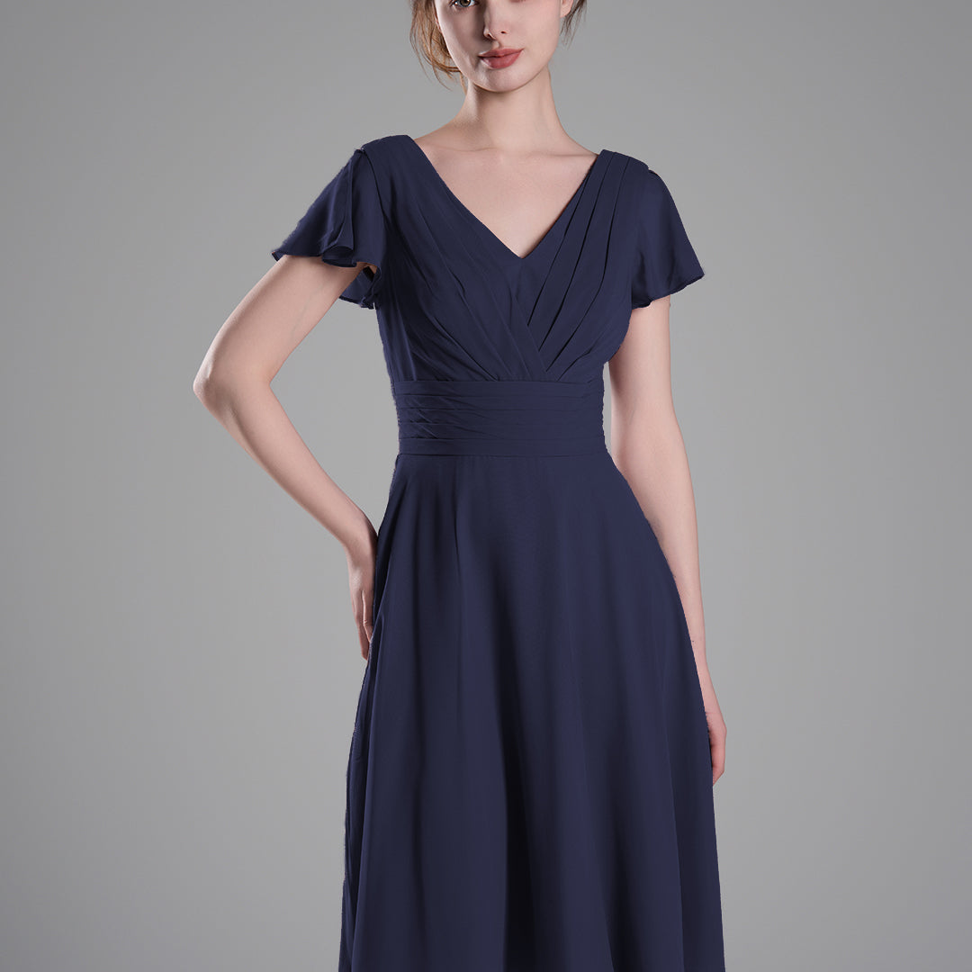 Flutter Sleeves Pleated V-Cut Back Mini Dresses