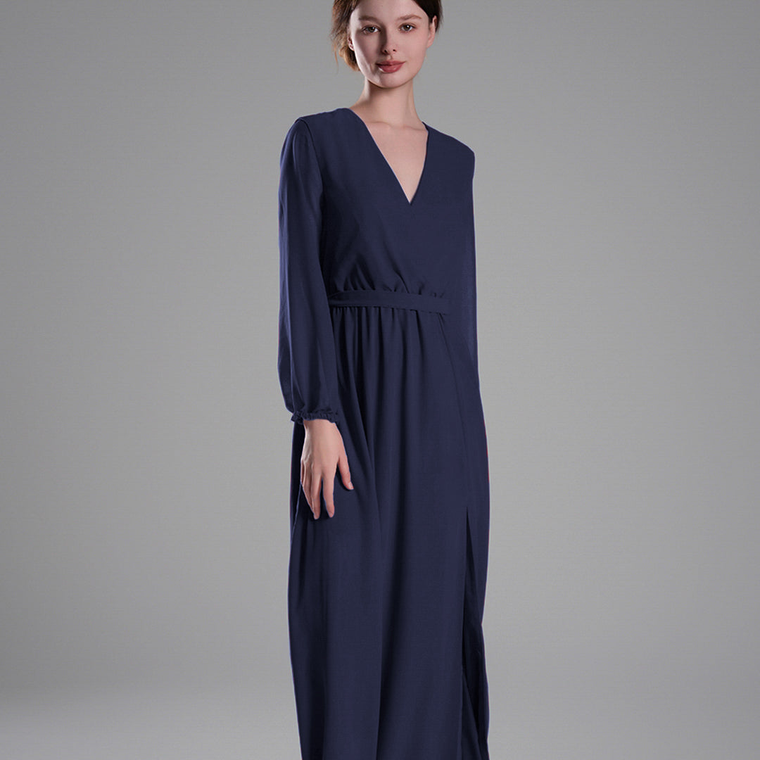 V-Neck Elegant Long Sleeves Flared Slit Dresses