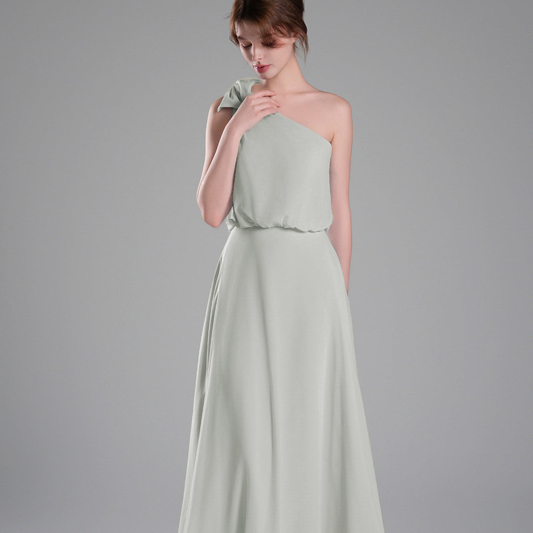 One-Shoulder Bow Detail Flowing A-Line Dresses