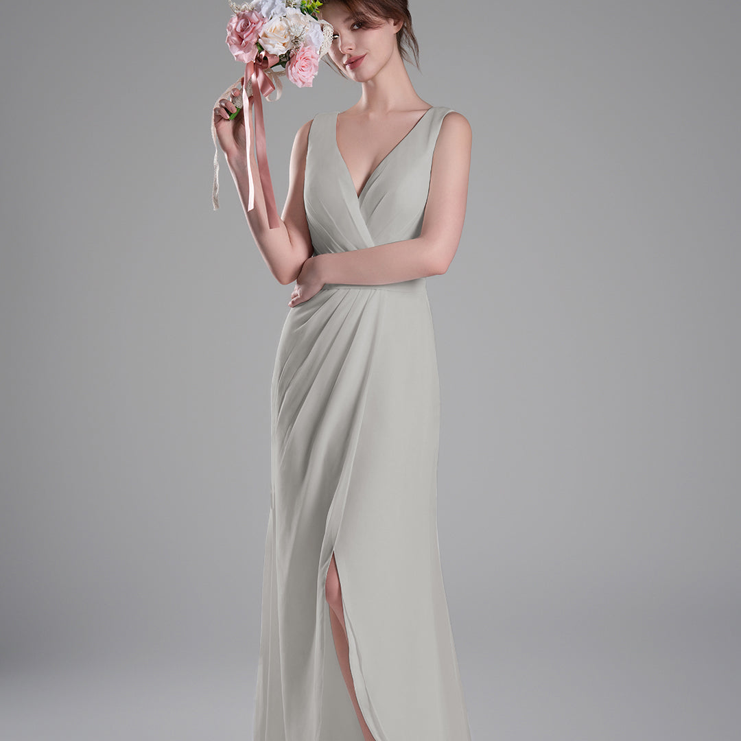 V-Neck Crossover Bodice Pleated Front Slit Dresses