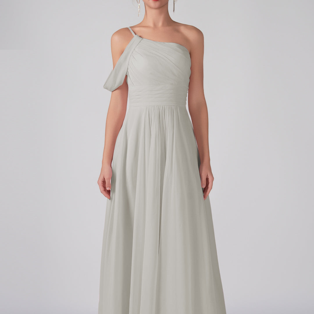 One Shoulder Off Shoulder Sleeve Ruched Bodice A-Line Maxi Dress