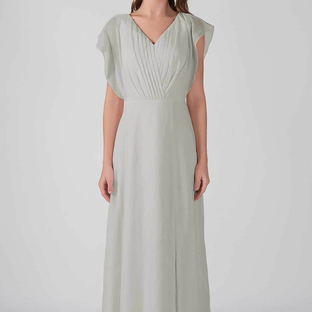 V-Neck Flutter Sleeves Pleats A-Line Maxi Dress