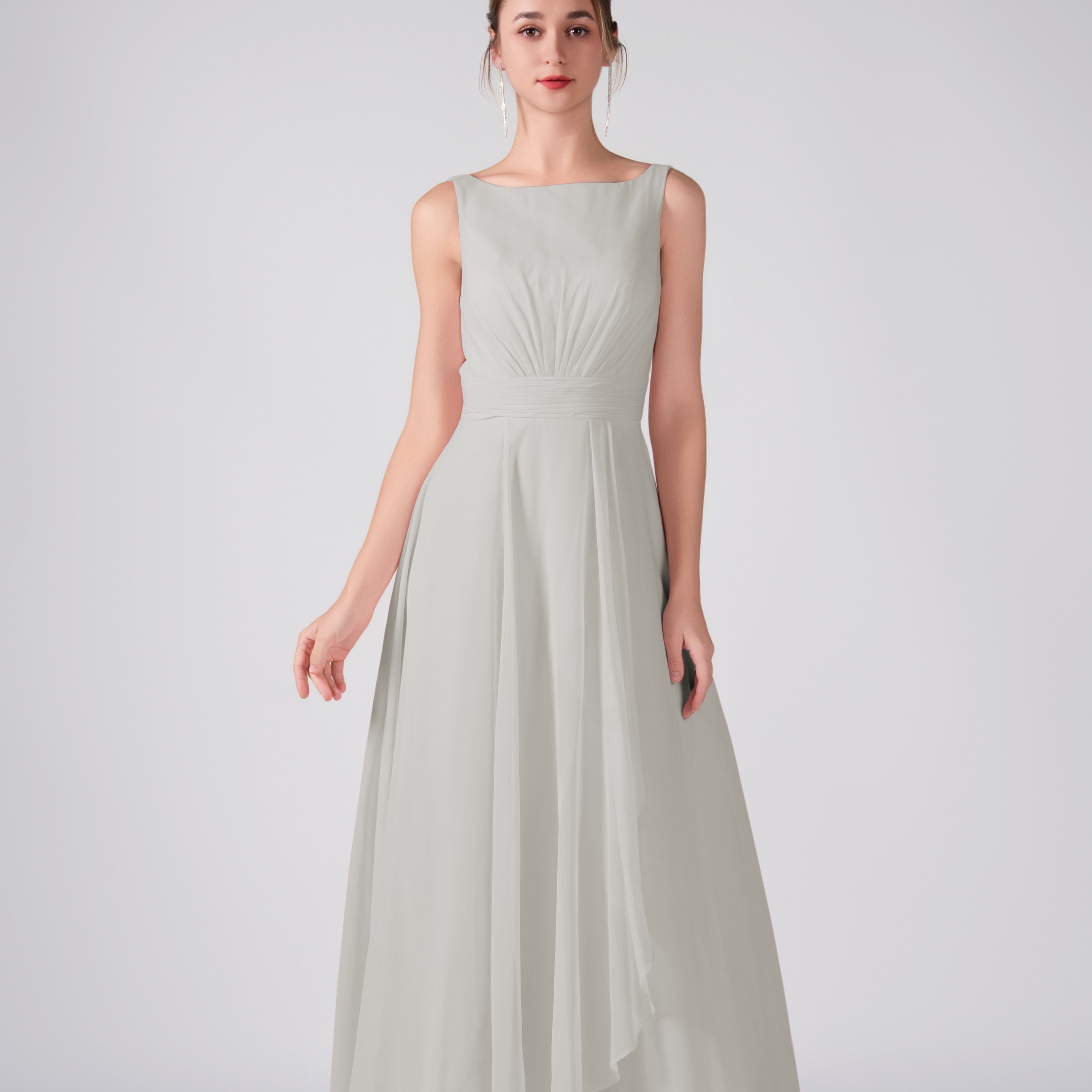 Bateau Neckline Sleeveless Ruched A-Line Maxi Dress