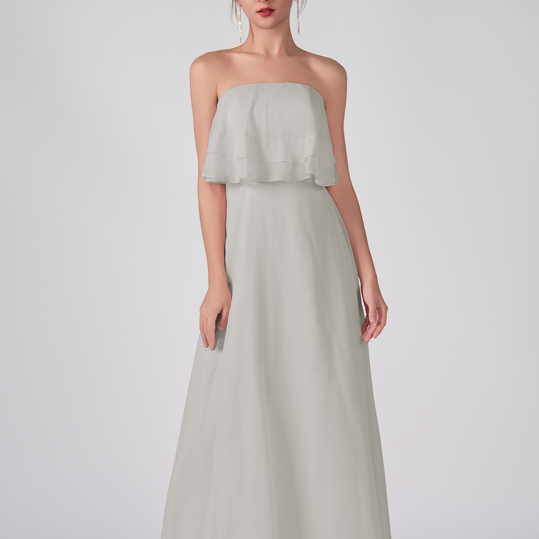 Robe trapèze en mousseline de soie sans bretelles à volants, longueur au sol