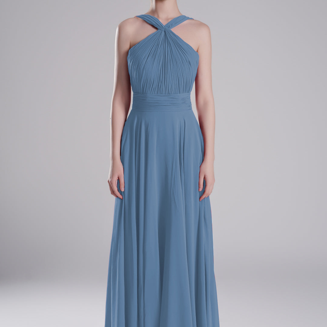 Halter Neck Cross Straps Pleated Waist A-Line Dresses