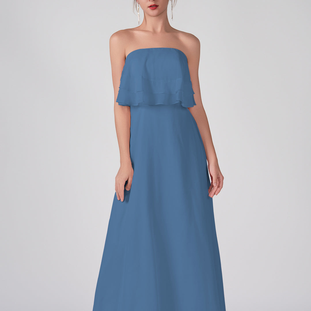 Robe trapèze en mousseline de soie sans bretelles à volants, longueur au sol