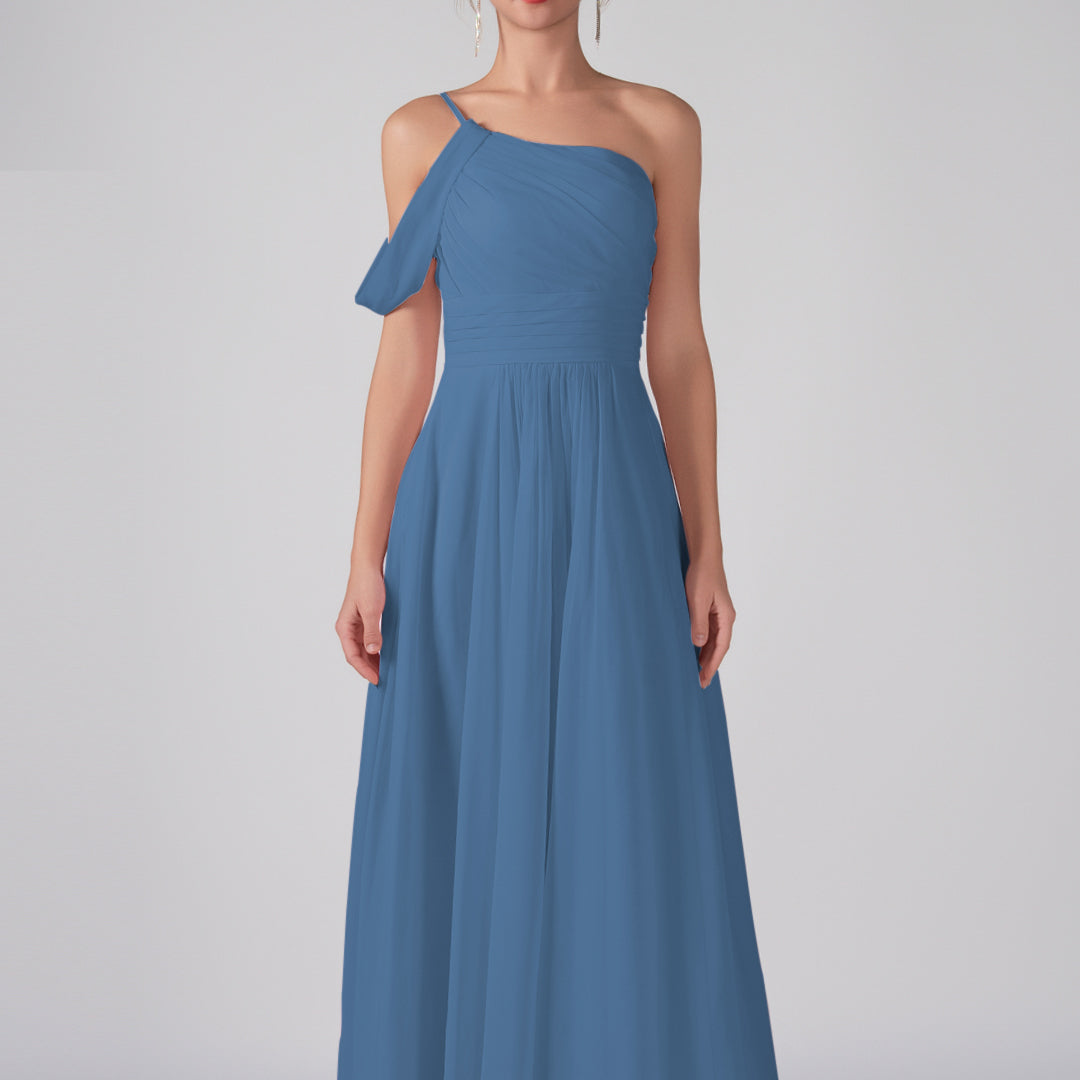One Shoulder Off Shoulder Sleeve Ruched Bodice A-Line Maxi Dress
