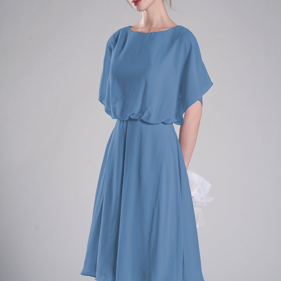 Round Neck Draped Sleeves Tie Detail Dresses