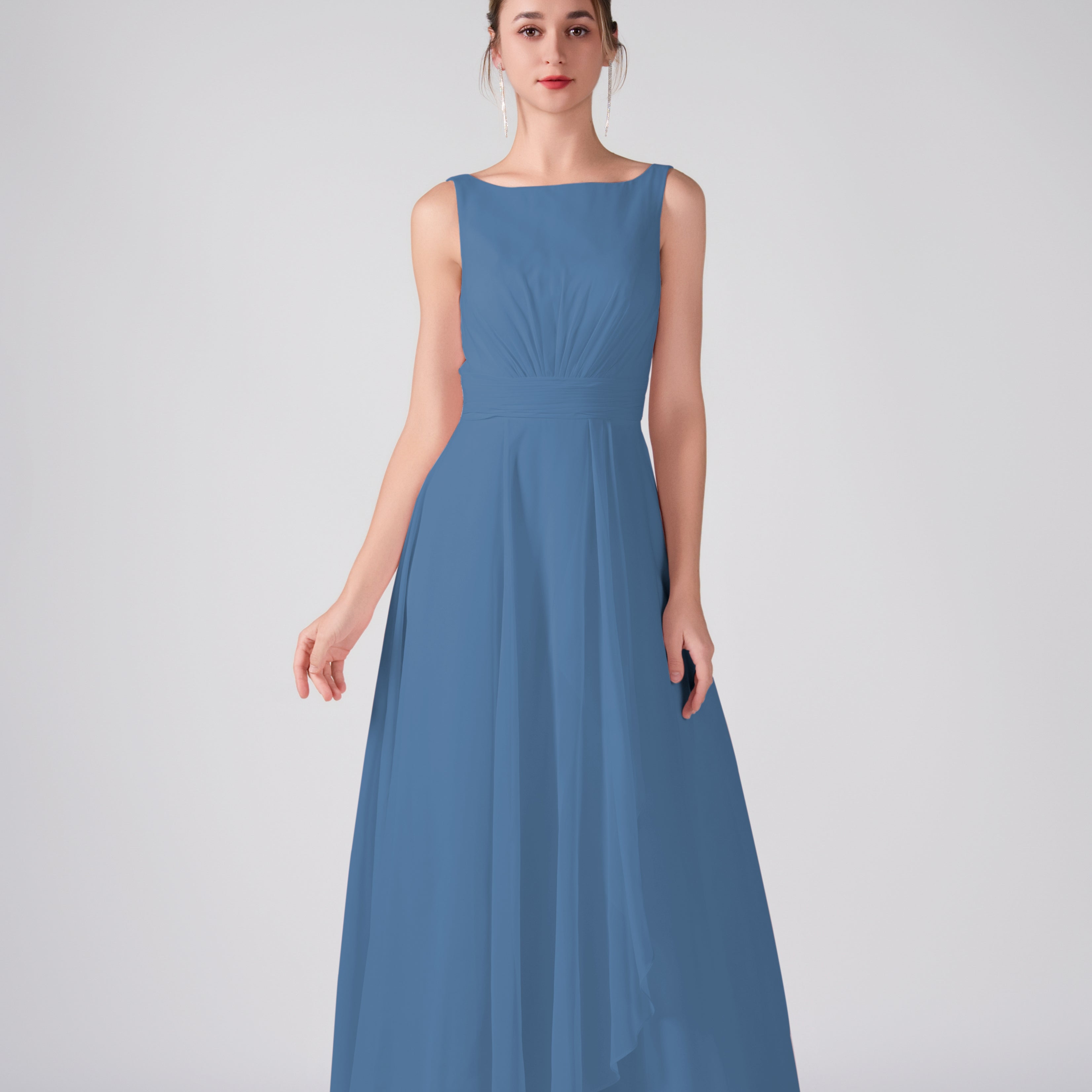 Bateau Neckline Sleeveless Ruched A-Line Maxi Dress