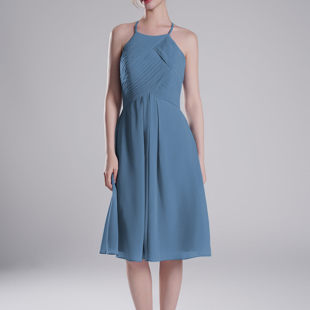 Halter Neckline Pleated Bodice Open Back Mini Dresses