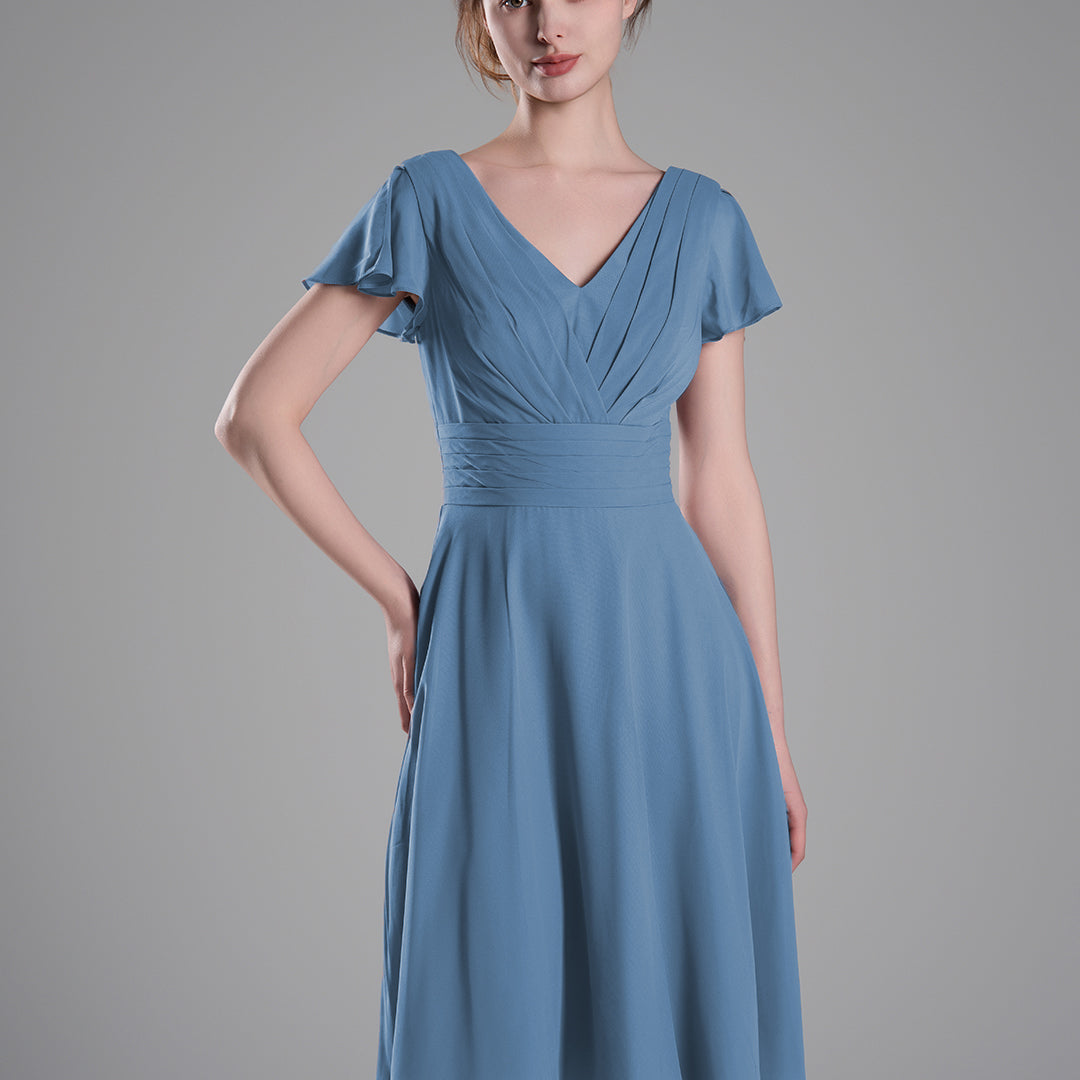 Flutter Sleeves Pleated V-Cut Back Mini Dresses