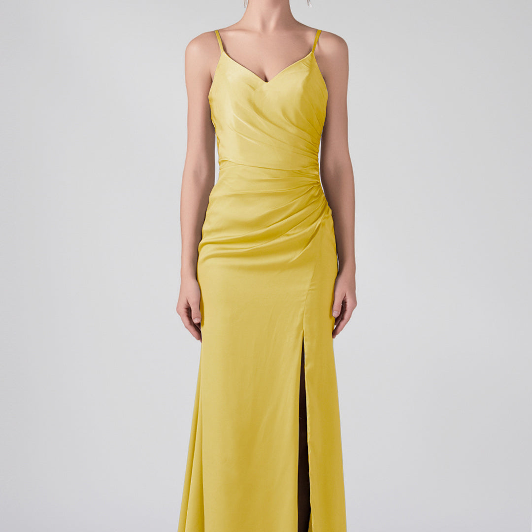 V-Neck Spaghetti Straps Front Split Ruffles Maxi Dress