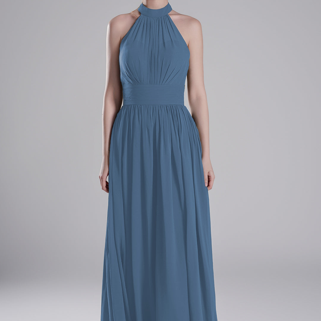 Halter Neckline Pleated Bodice Open Back A-Line Dresses