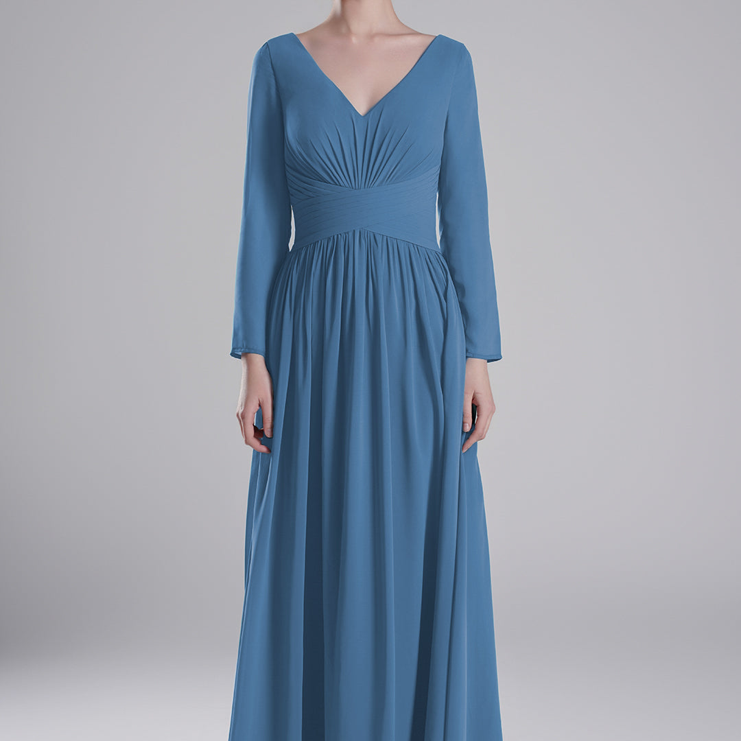 V-Neck Pleated Fitted Waist Flowing A-Line Dresses