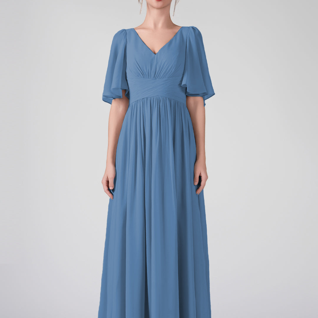 V-Neck Flowing Sleeves A-Line Ruffles Maxi Dresses