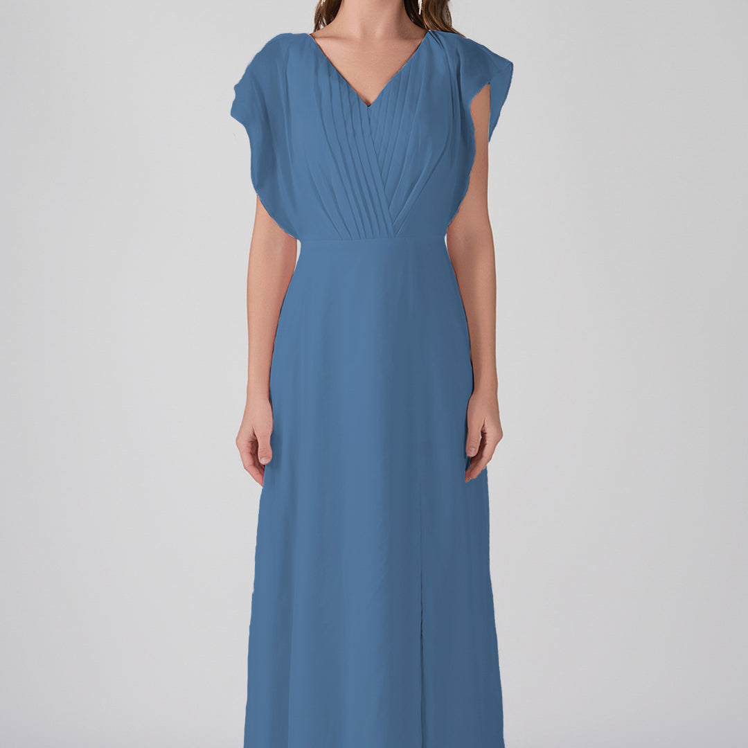 V-Neck Flutter Sleeves Pleats A-Line Maxi Dress