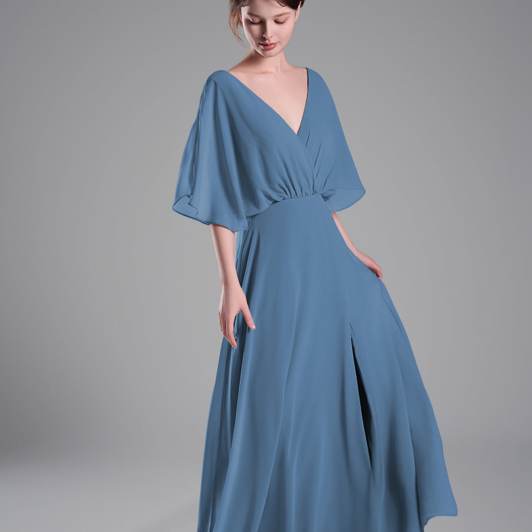 Draped Sleeves High Slit Backless Dresses