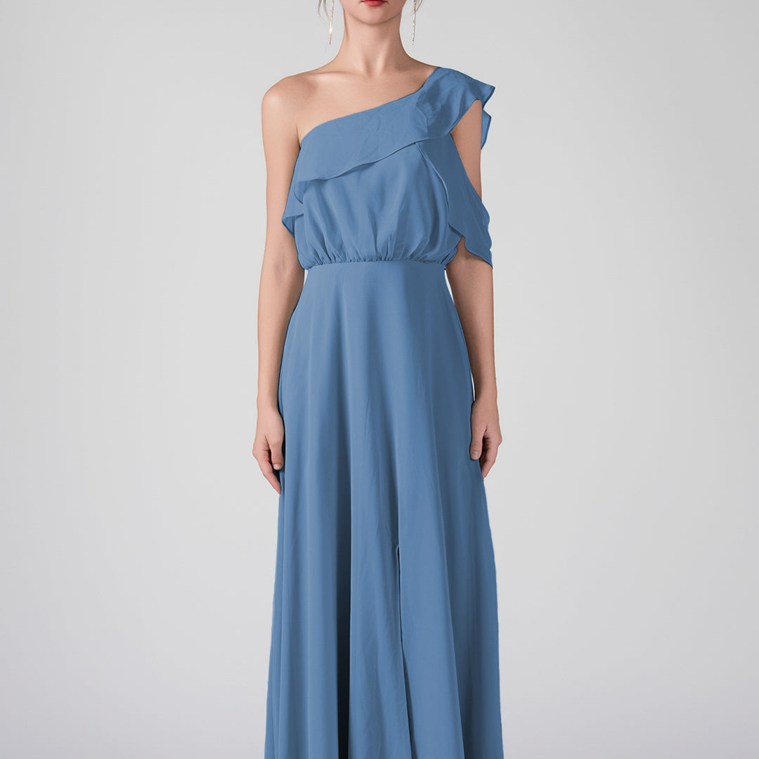 One Shoulder Ruffled Sleeves Front Split A-Line Maxi Dress