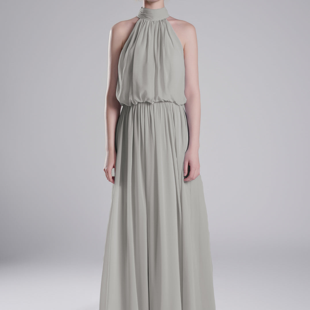 High Halter Neck Pleated Flowing A-Line Dresses