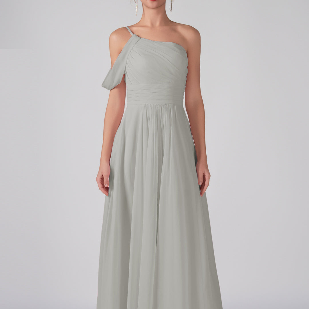 One Shoulder Off Shoulder Sleeve Ruched Bodice A-Line Maxi Dress
