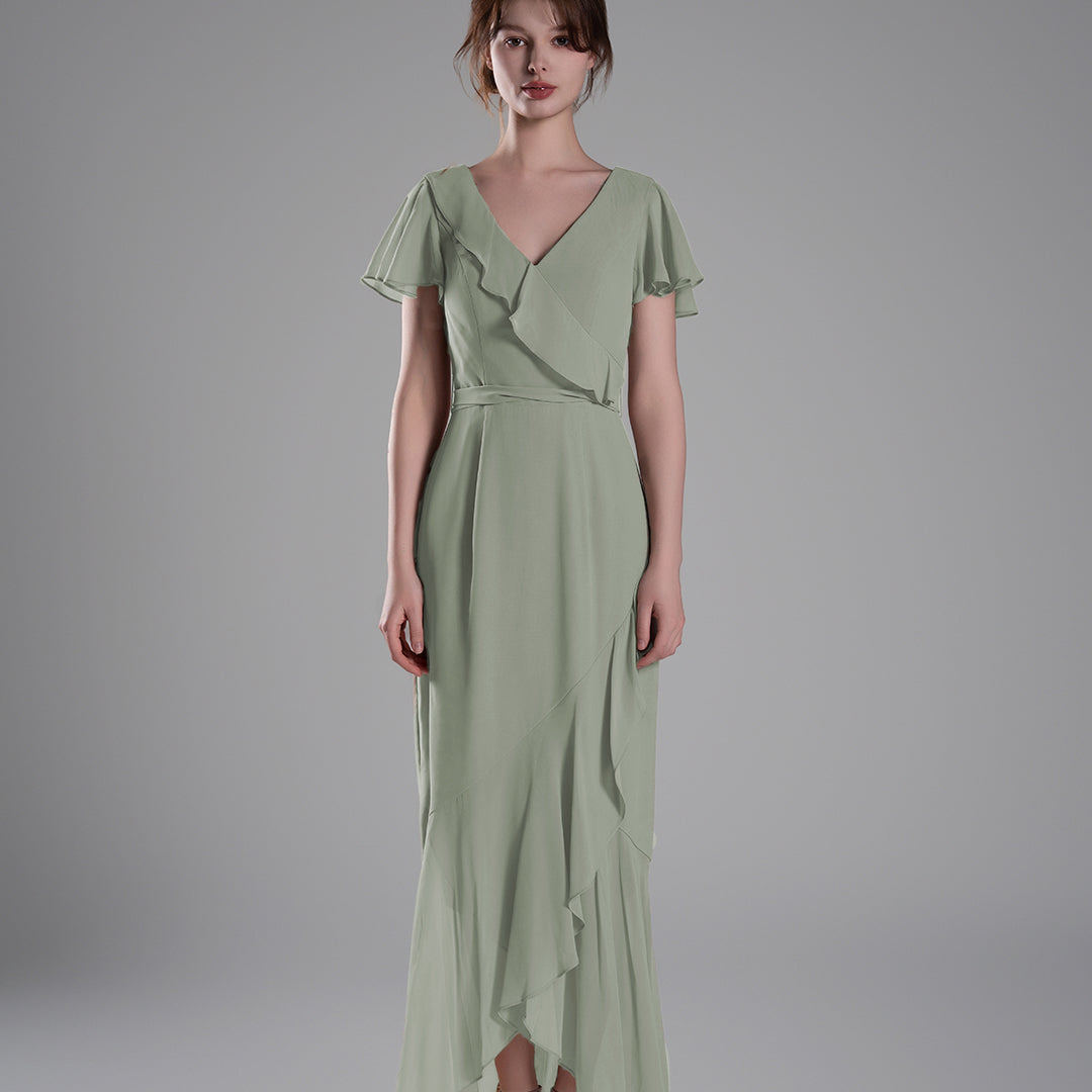 V-Neck Ruffled Detailing Pleated Patchwork Dresses