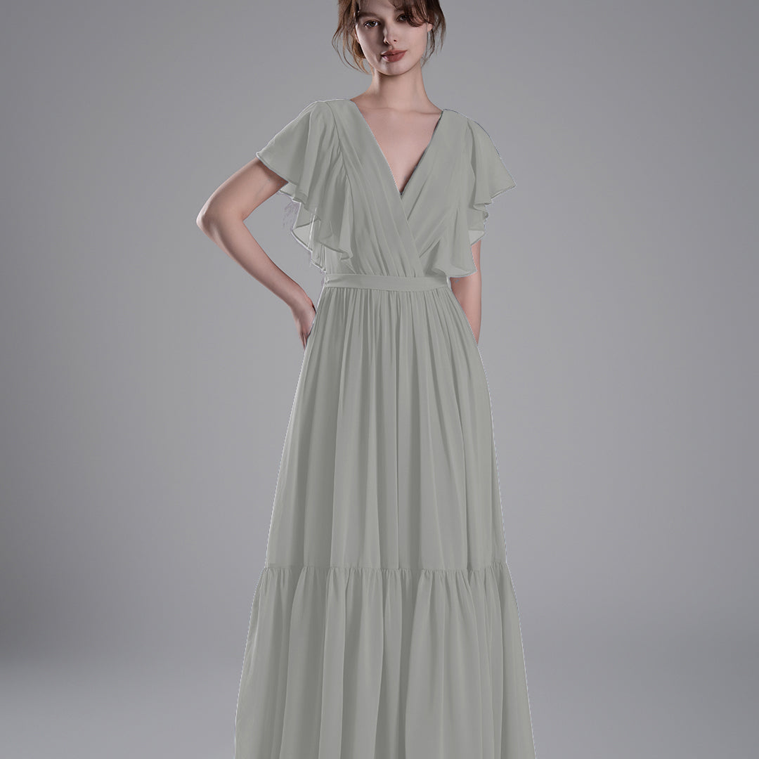 Elegant Ruffled V-Neck Chiffon Patchwork Maxi Dress