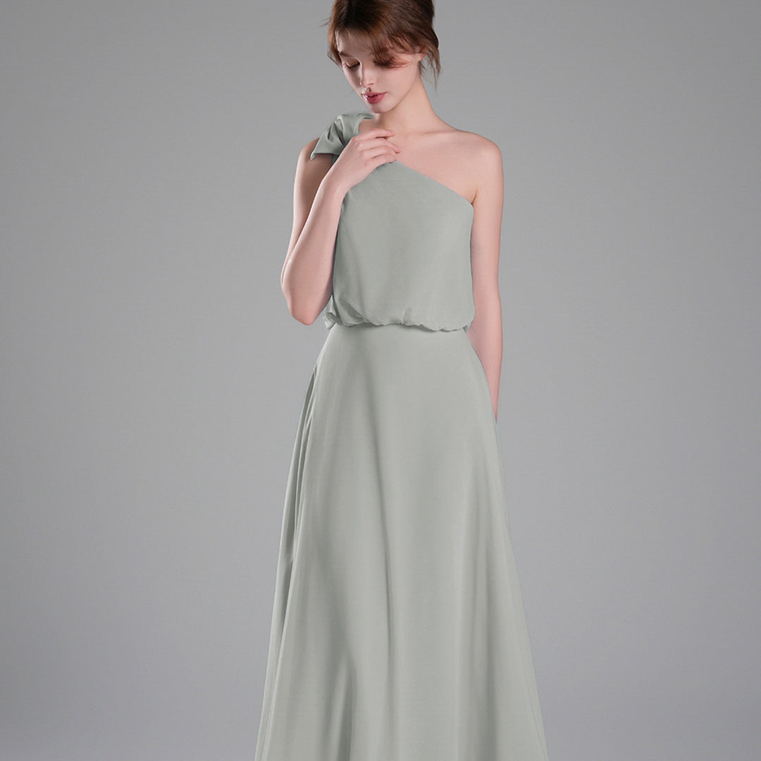 One-Shoulder Bow Detail Flowing A-Line Dresses