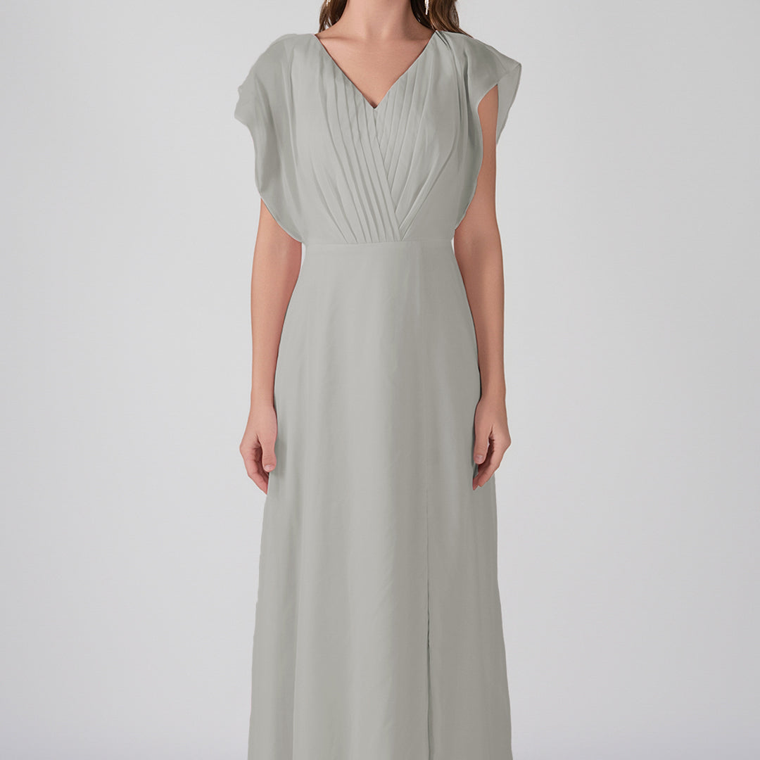 V-Neck Flutter Sleeves Pleats A-Line Maxi Dress