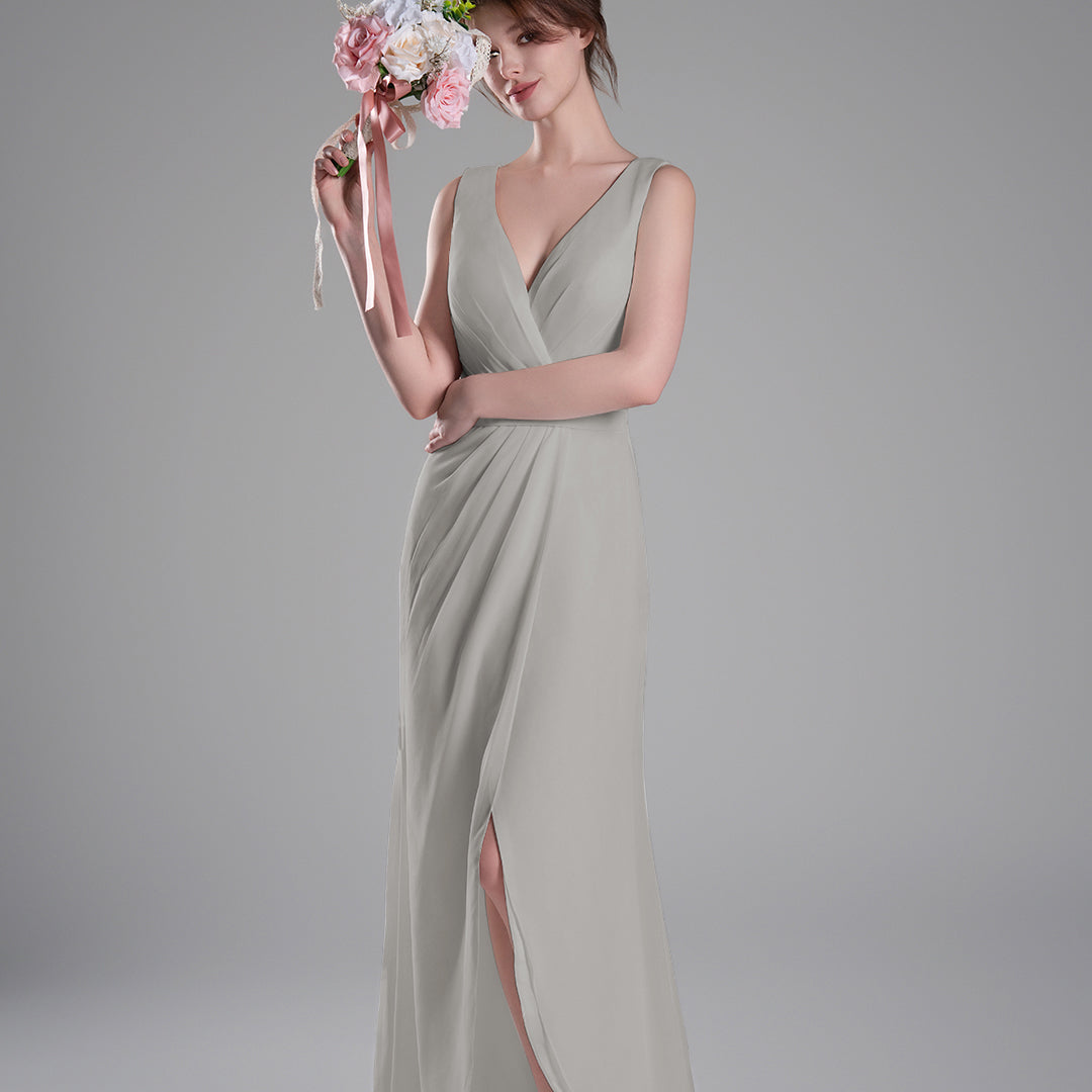 V-Neck Crossover Bodice Pleated Front Slit Dresses