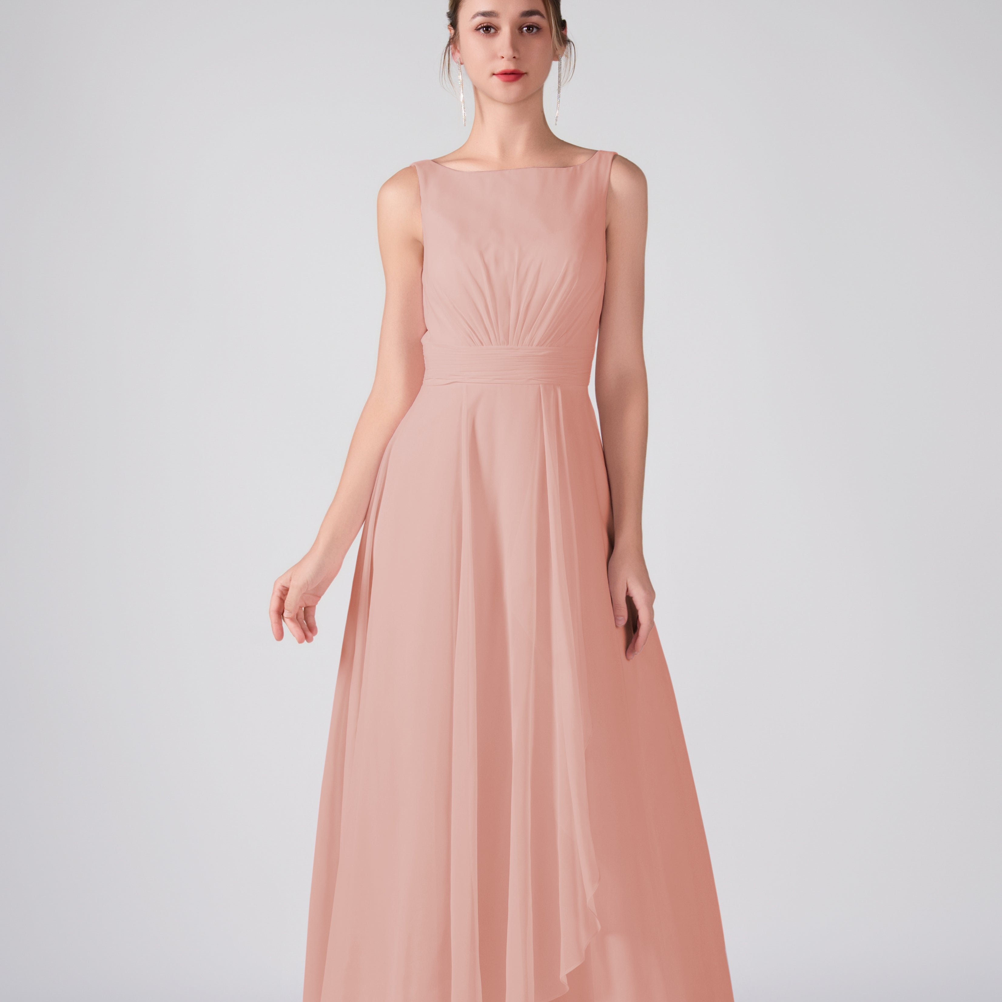 Bateau Neckline Sleeveless Ruched A-Line Maxi Dress