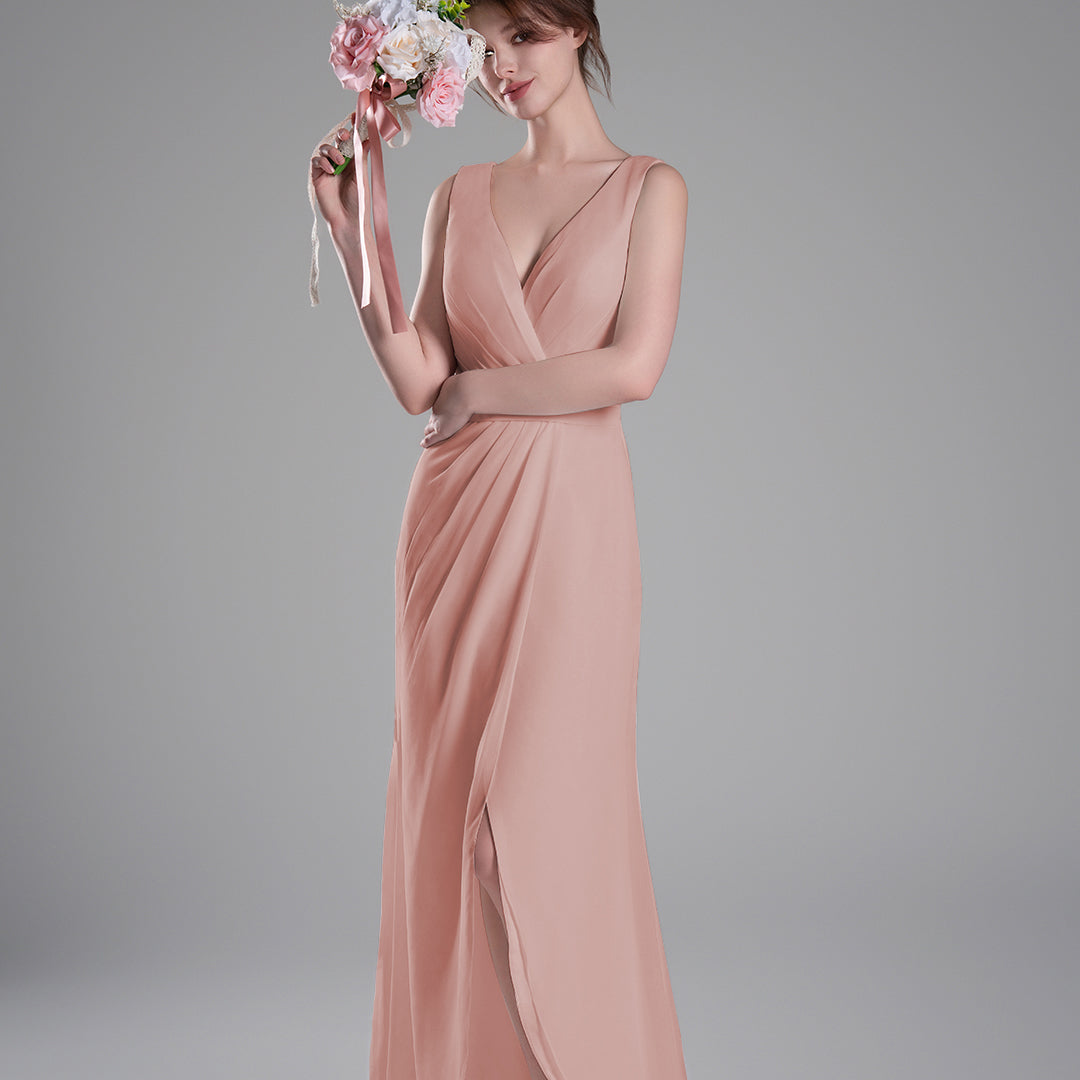 V-Neck Crossover Bodice Pleated Front Slit Dresses