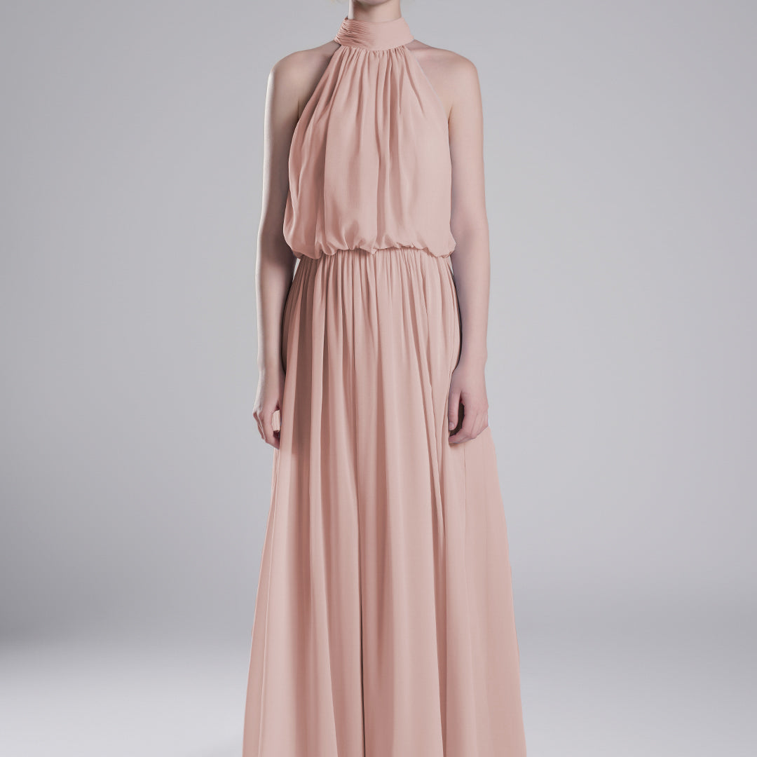 High Halter Neck Pleated Flowing A-Line Dresses