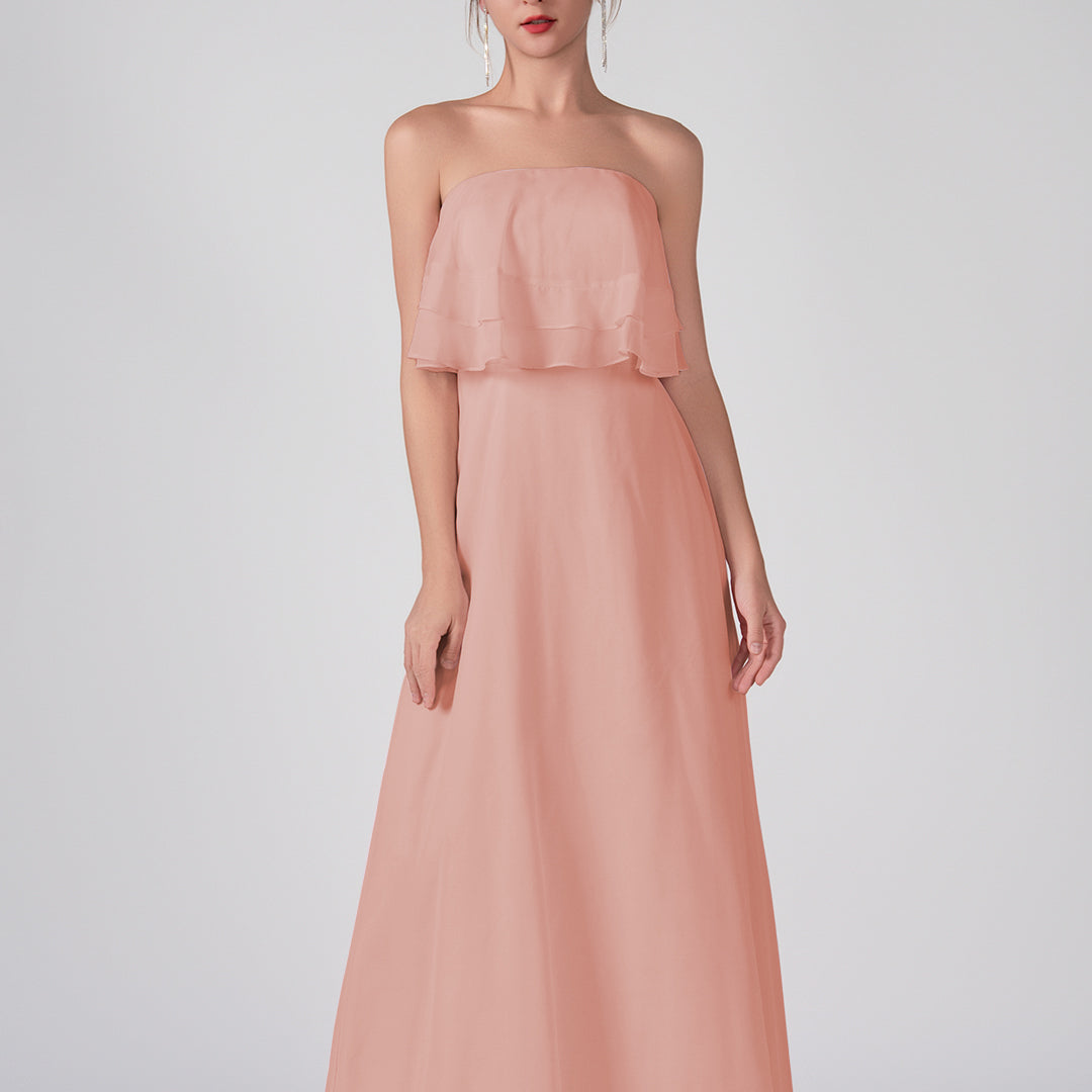 Robe trapèze en mousseline de soie sans bretelles à volants, longueur au sol